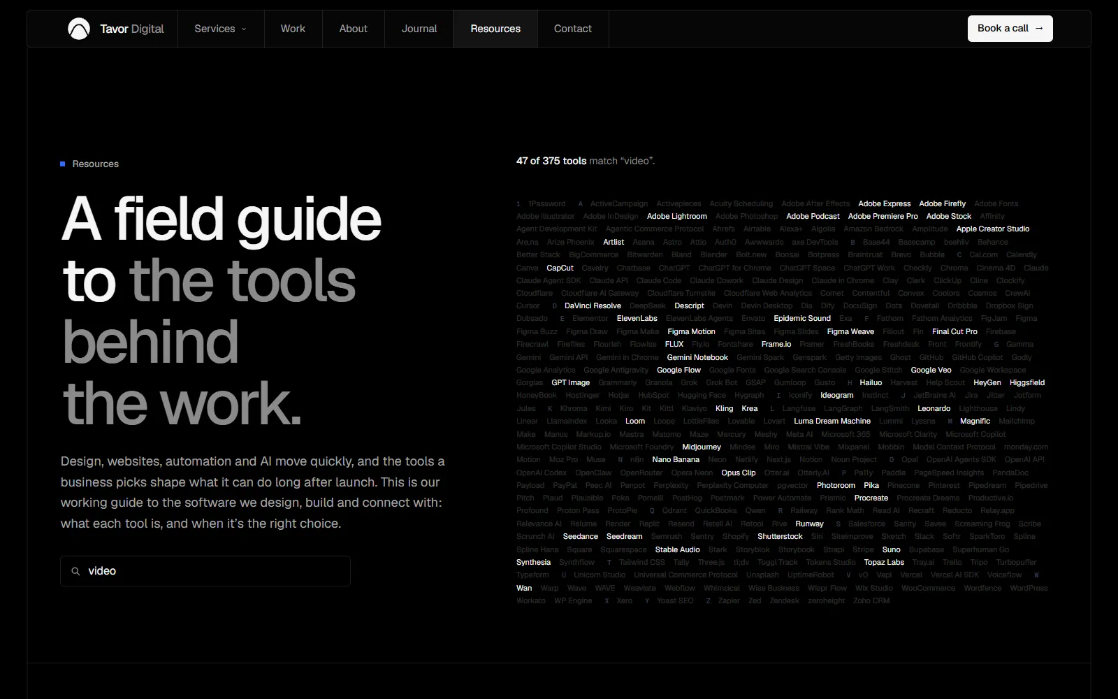 The Resources page, headed "A field guide to the tools behind the work", beside an index of tool names with the ones matching a search highlighted