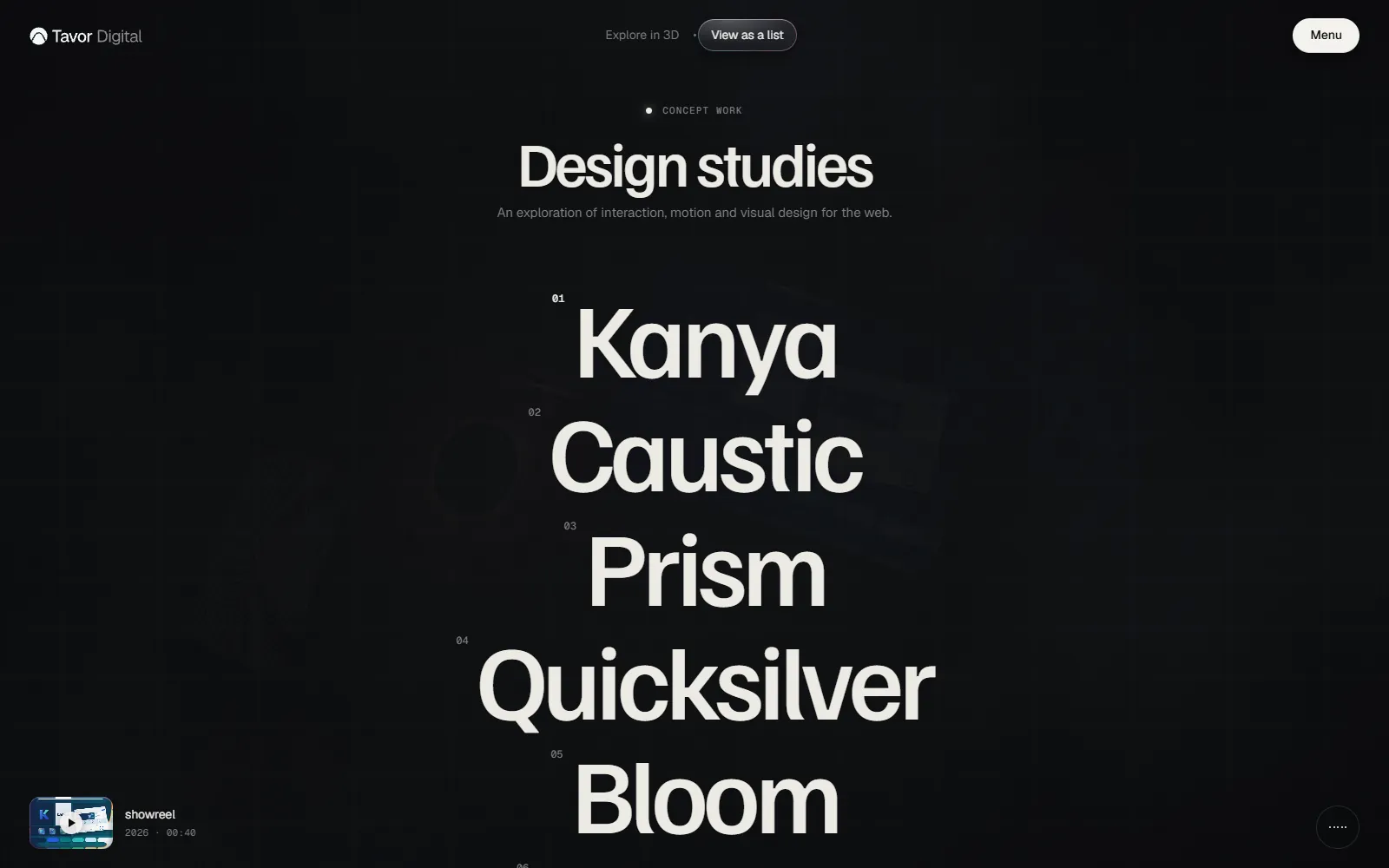 The portfolio's list view: oversized project names, with a single glass preview beside them
