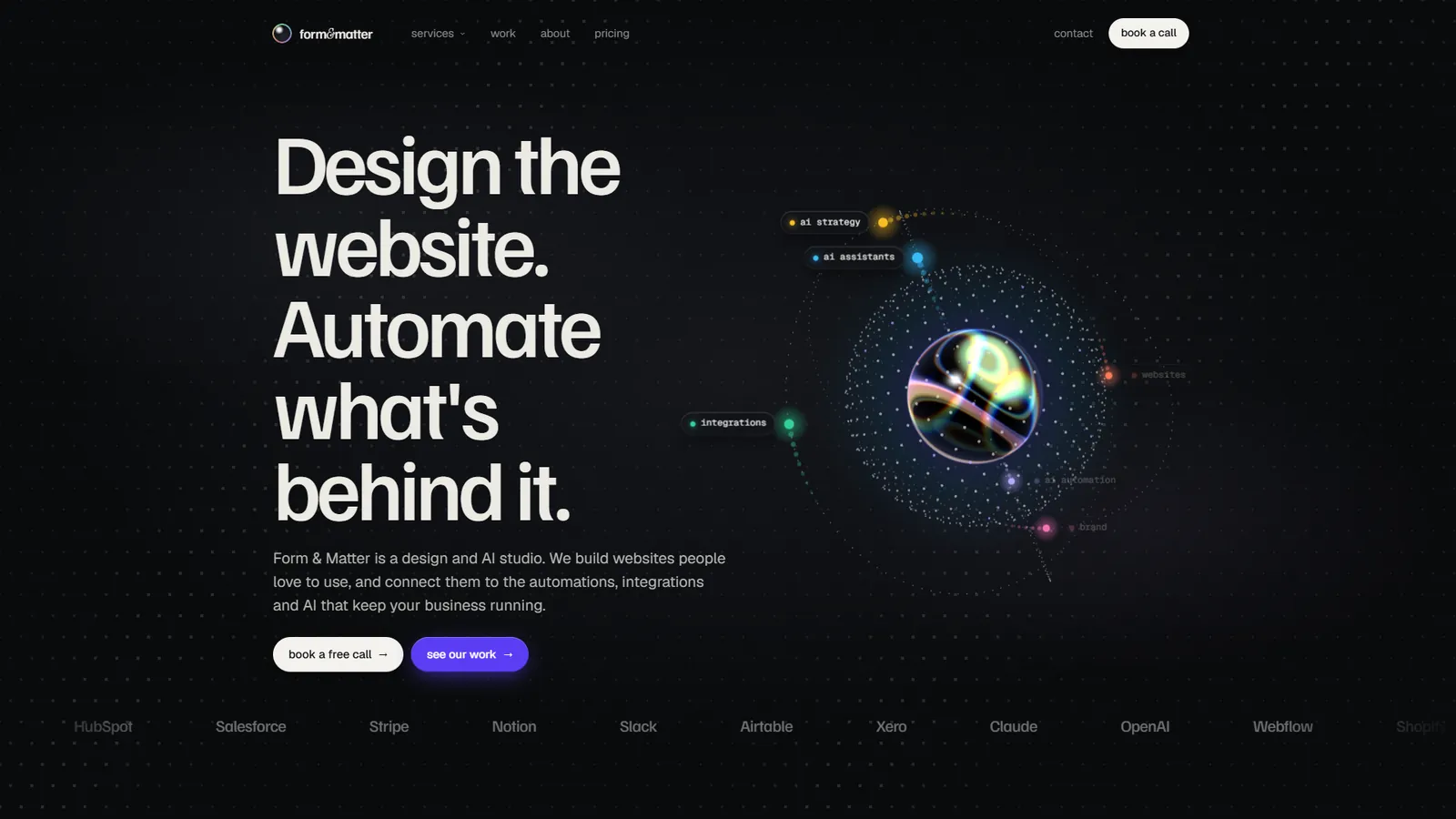 An earlier direction: a dark page with a glowing orb surrounded by orbiting labels, under the studio's previous name