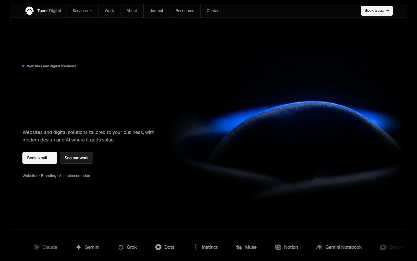The Tavor Digital home page, a dark page with a blue-lit silk dome rising on the right