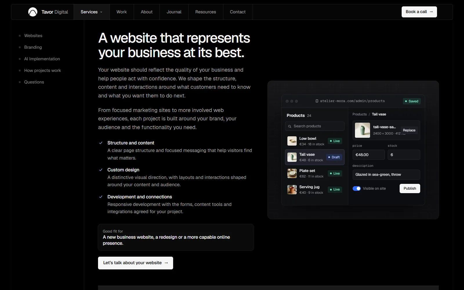 The Services page: a list of what a website project includes, beside a working demo of a content editor